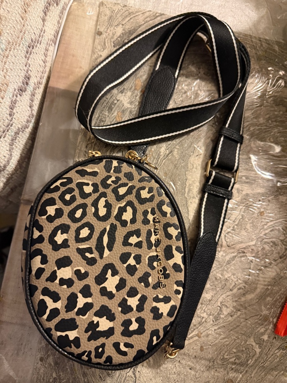 Marc Jacobs Leopard Print Round Crossbody in Beige and Black with Black Strap